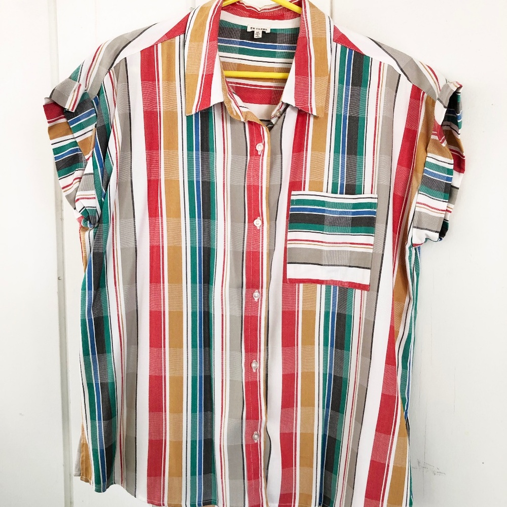 En Creme Rainbow multicolor stripes button blouse top shirt medium never worn